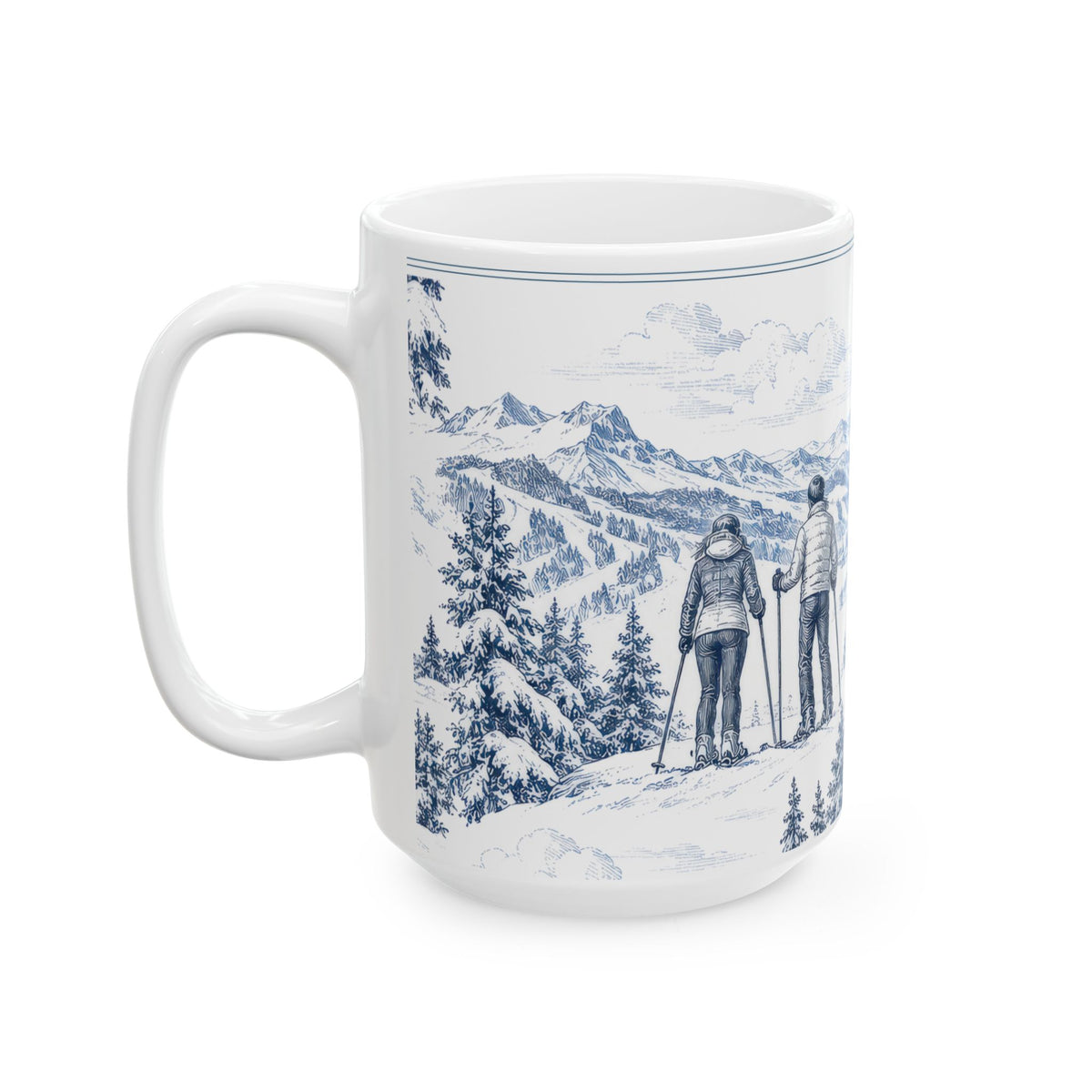 Skiing Ceramic Mug — Toile Pattern | Indigo Blue