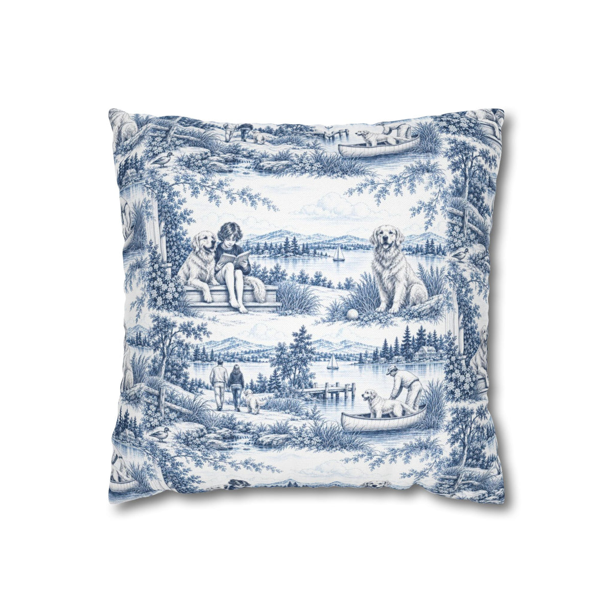 Golden Retriever Square Pillow Cover — Toile Pattern | Indigo Blue