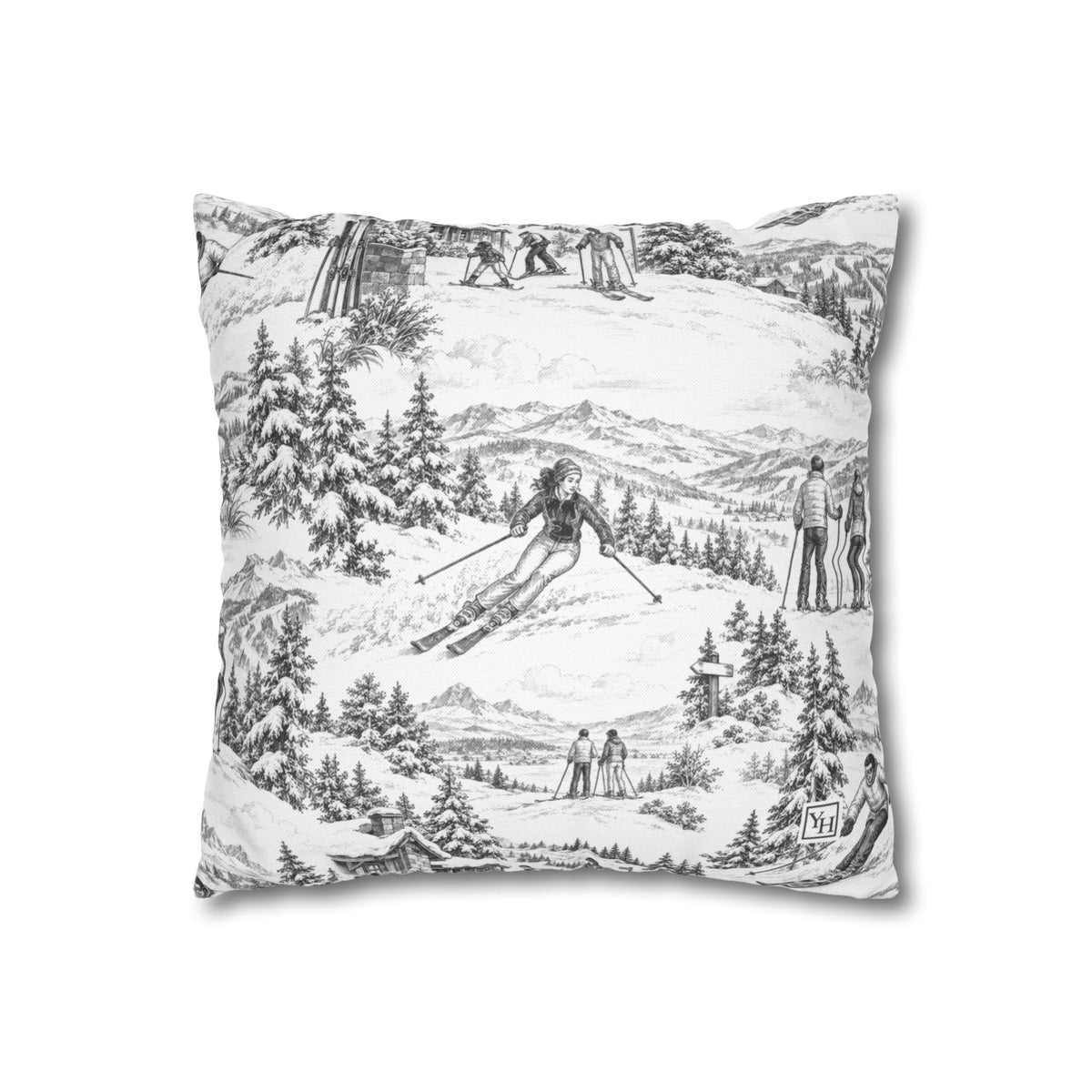 Skiing Square Pillow Cover — Toile Pattern | Soft Black