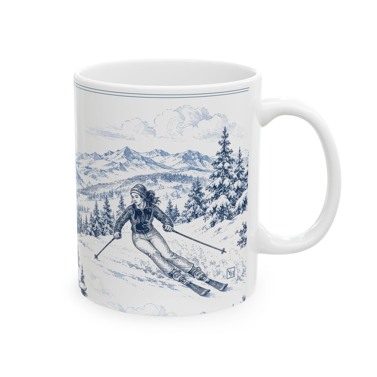 Skiing Ceramic Mug — Toile Pattern | Indigo Blue