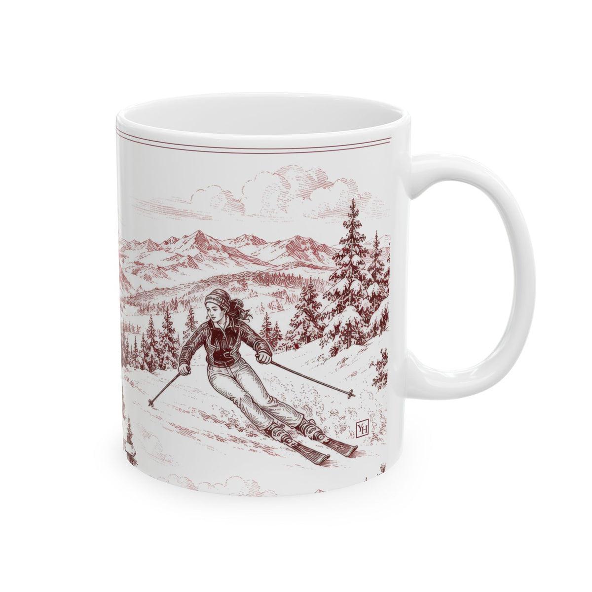 Skiing Ceramic Mug — Toile Pattern | Turkish Red