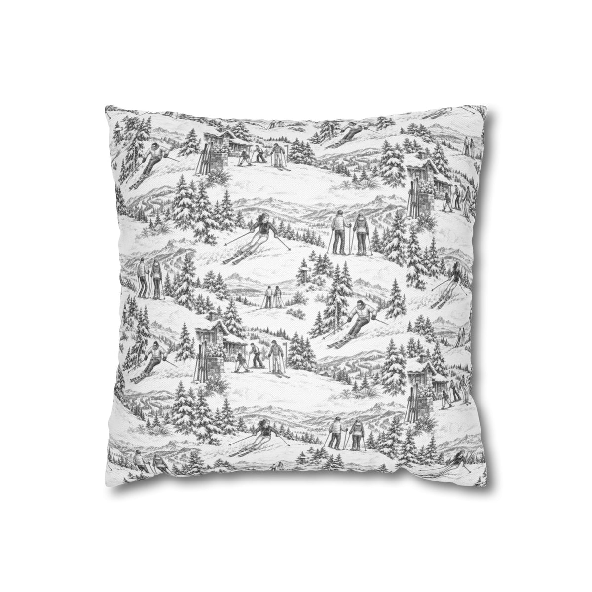 Skiing Square Pillow Cover — Toile Pattern | Soft Black