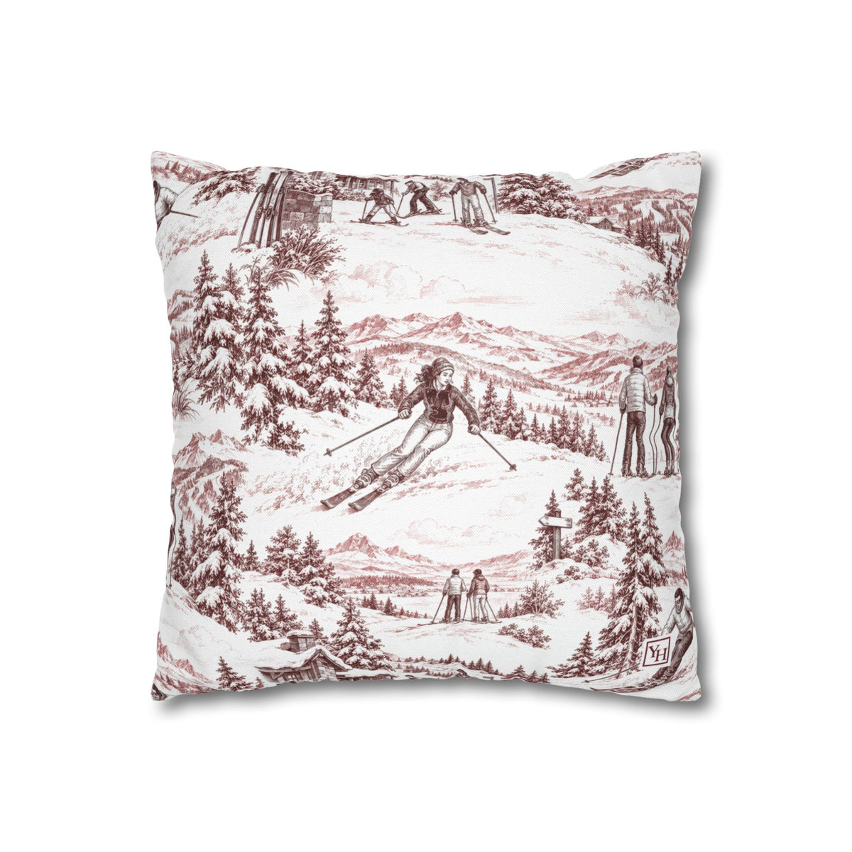 Skiing Square Pillow Cover, Large Scale — Toile Pattern | Turkish Red