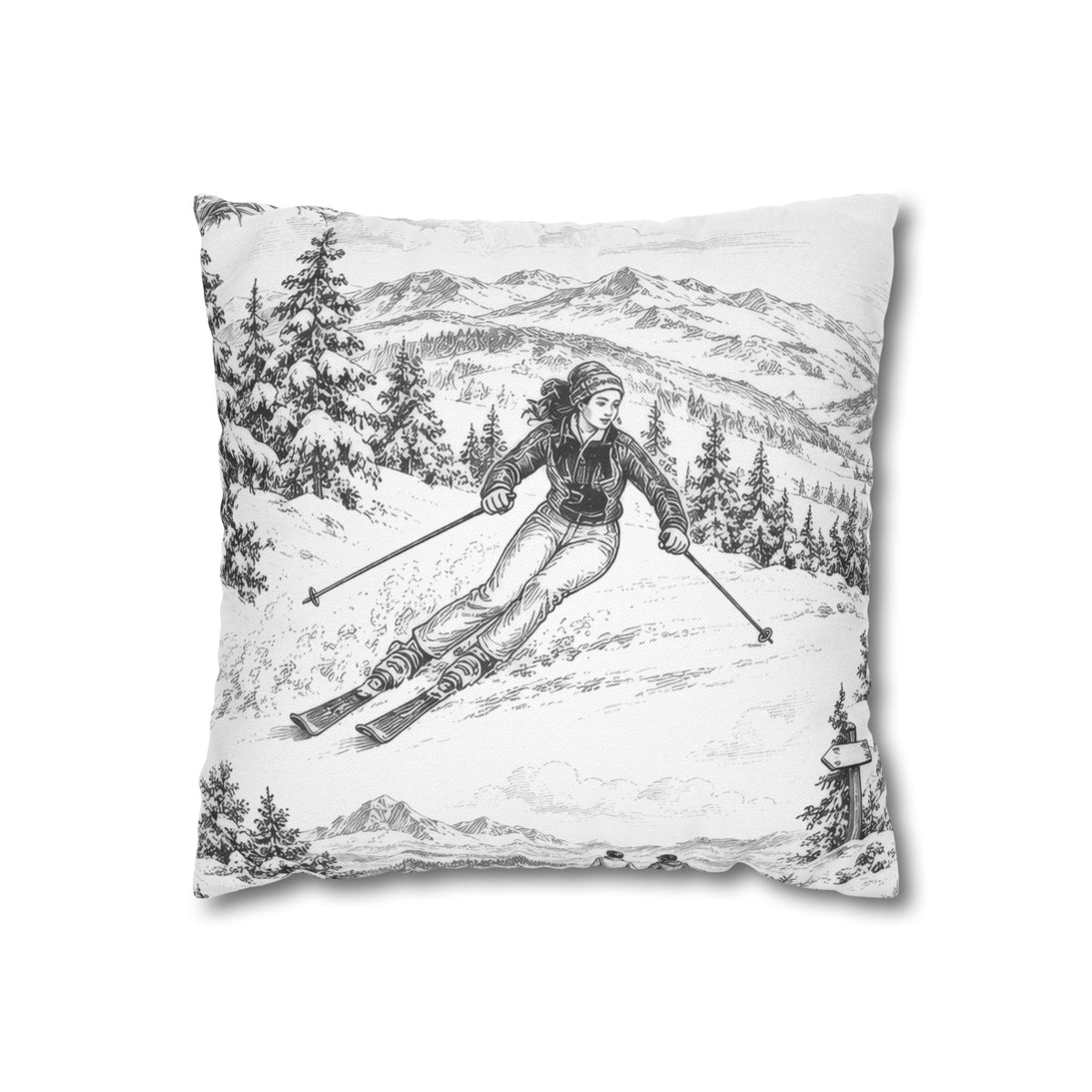 Skiing Square Pillow Cover, Large Scale — Toile Pattern | Soft Black