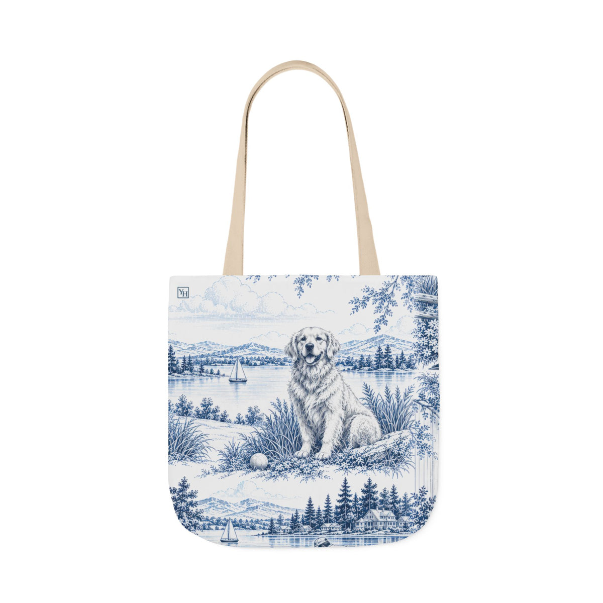 Golden Retriever Canvas Tote Bag — Toile Pattern | Indigo Blue