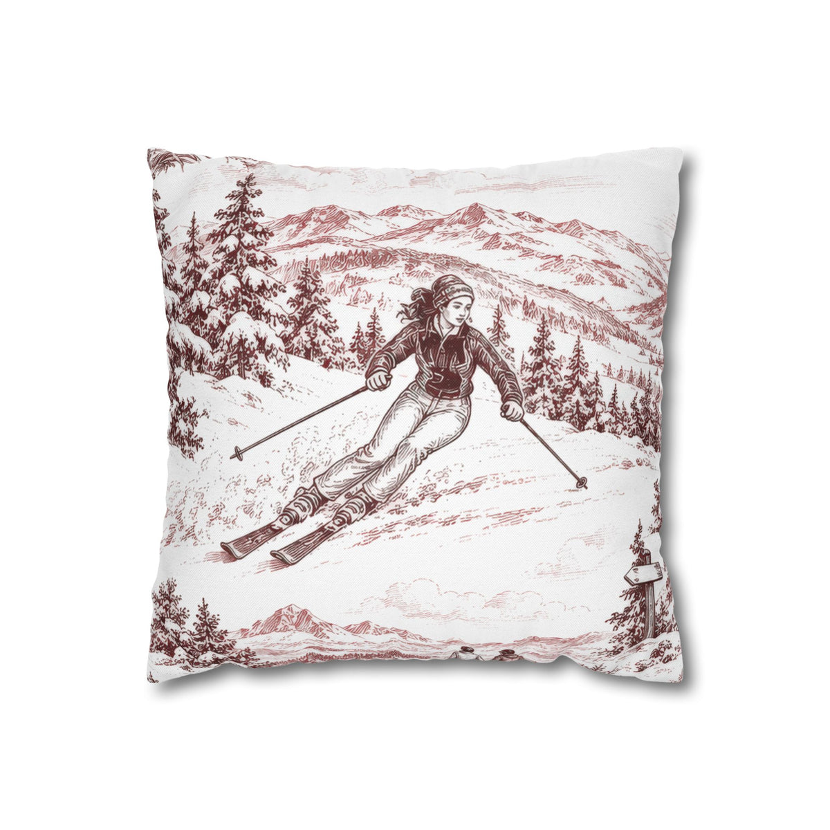 Skiing Square Pillow Cover, Large Scale — Toile Pattern | Turkish Red