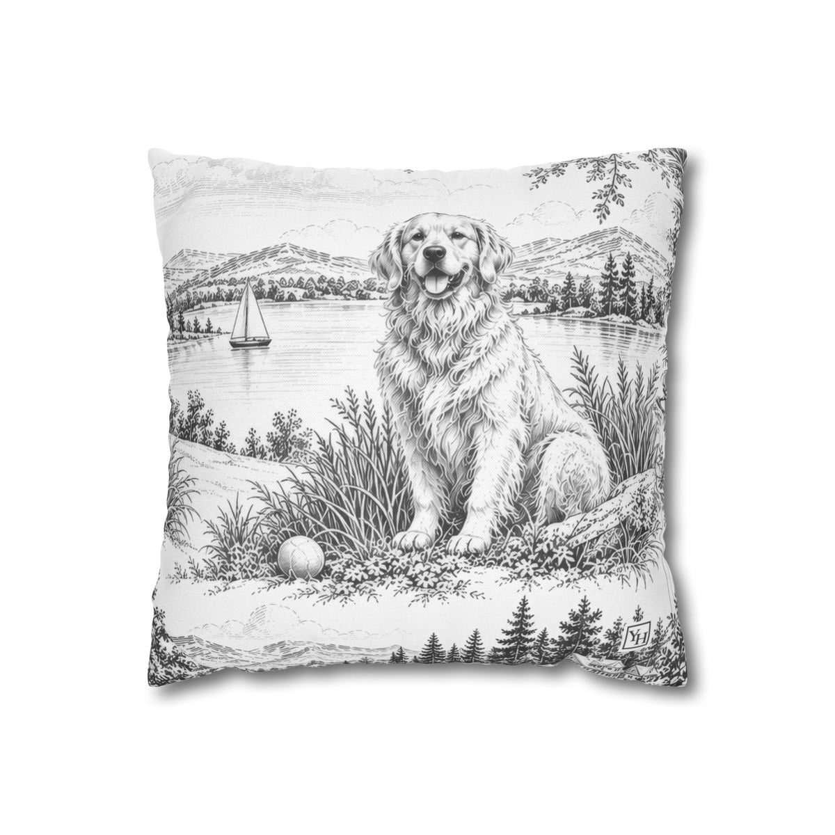 Golden Retriever Square Pillow Cover, Large Scale — Toile Pattern | Soft Black