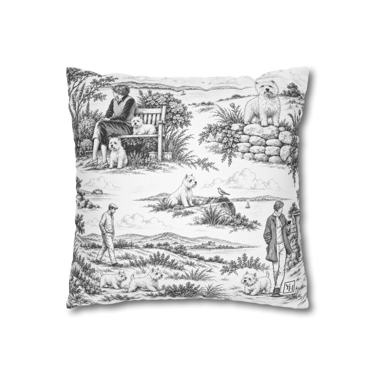 West Highland Terrier Square Pillow Cover, Large Scale — Toile Pattern | Soft Black