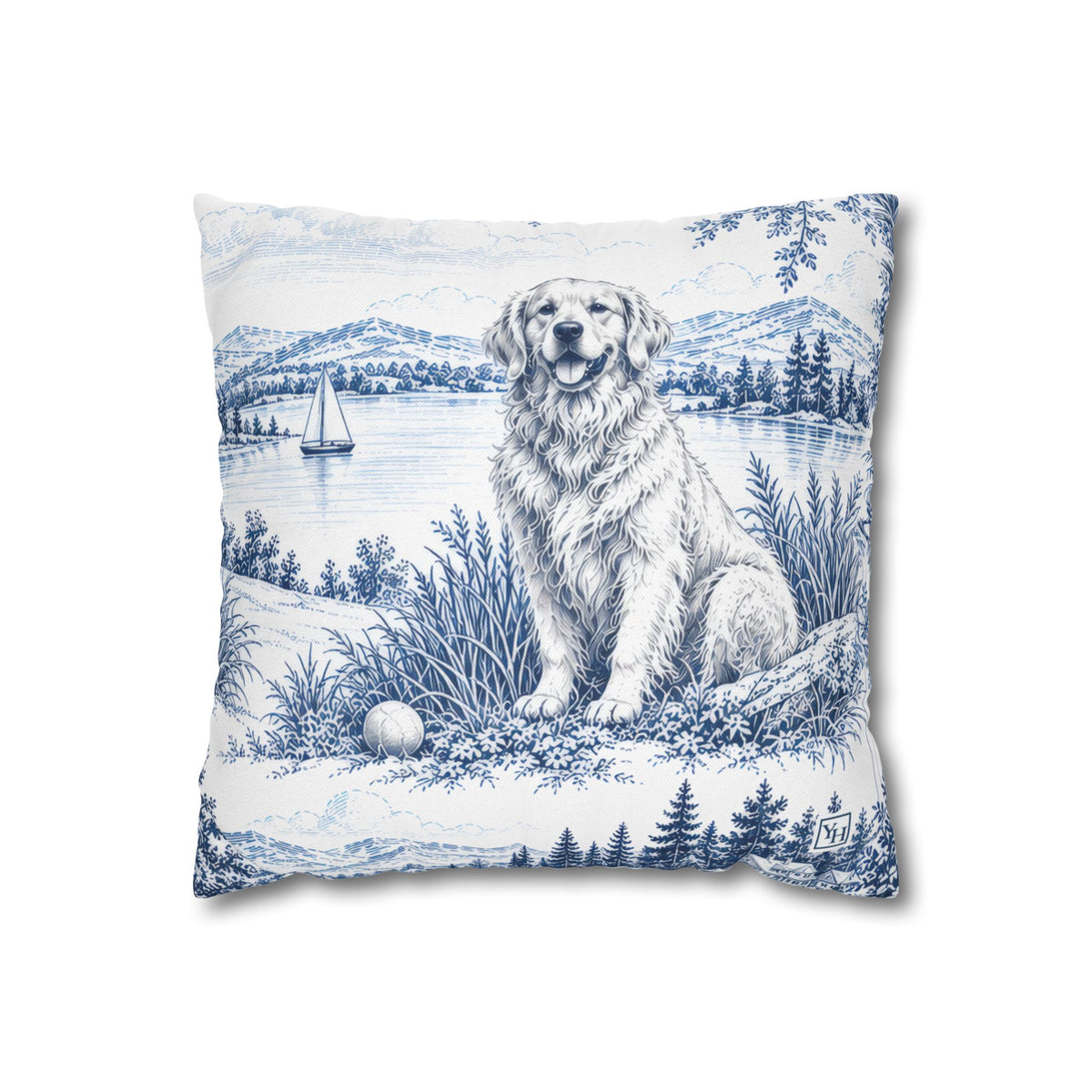 Golden Retriever Square Pillow Cover, Large Scale — Toile Pattern | Indigo Blue