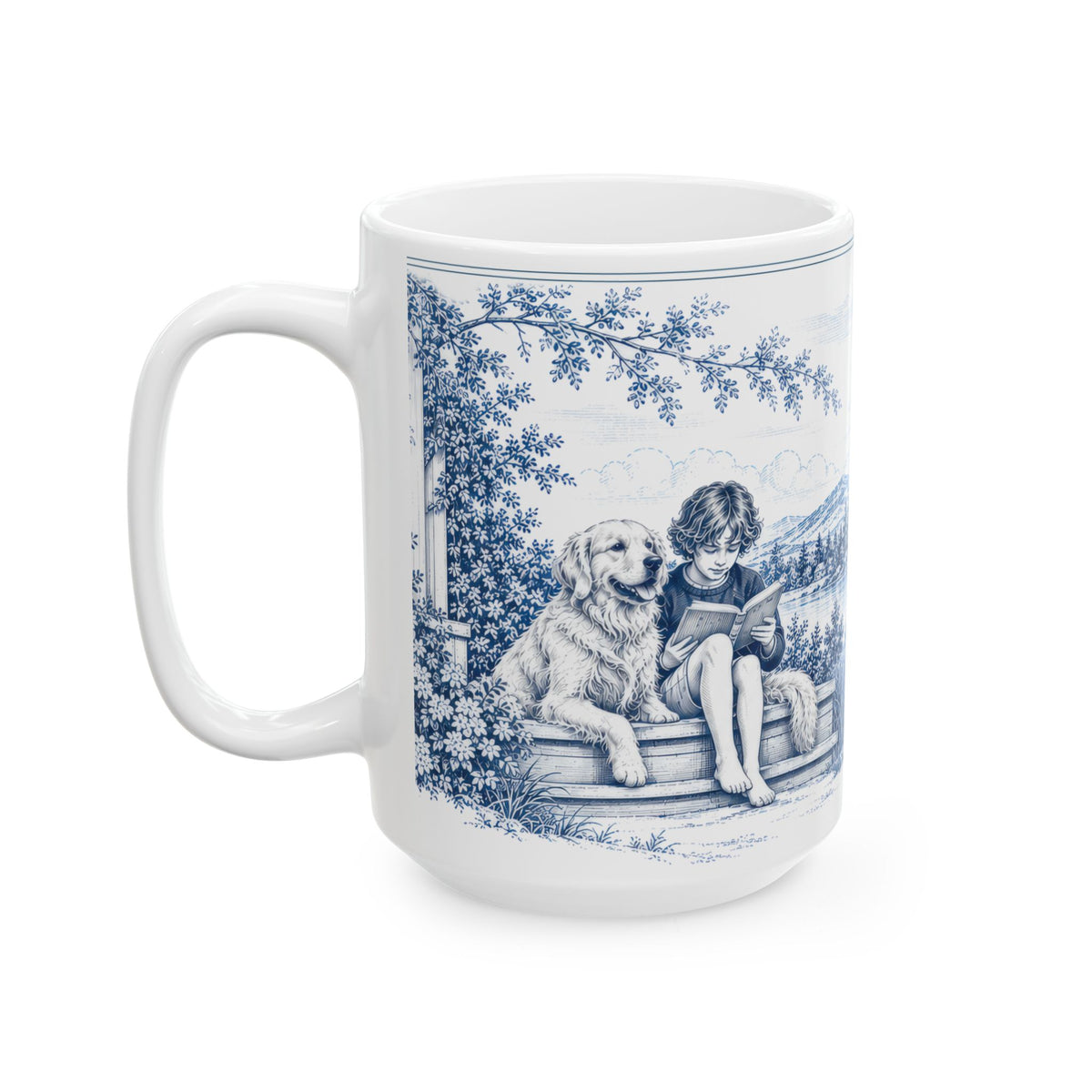 Golden Retriever Ceramic Mug — Toile Pattern | Indigo Blue