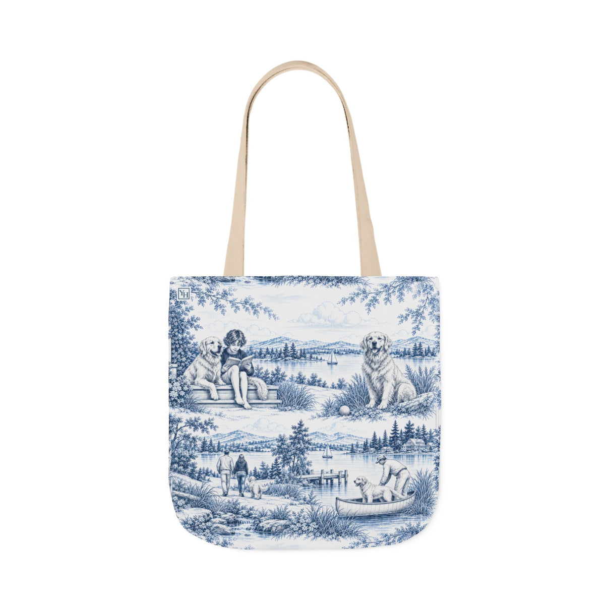 Golden Retriever Canvas Tote Bag — Toile Pattern | Indigo Blue