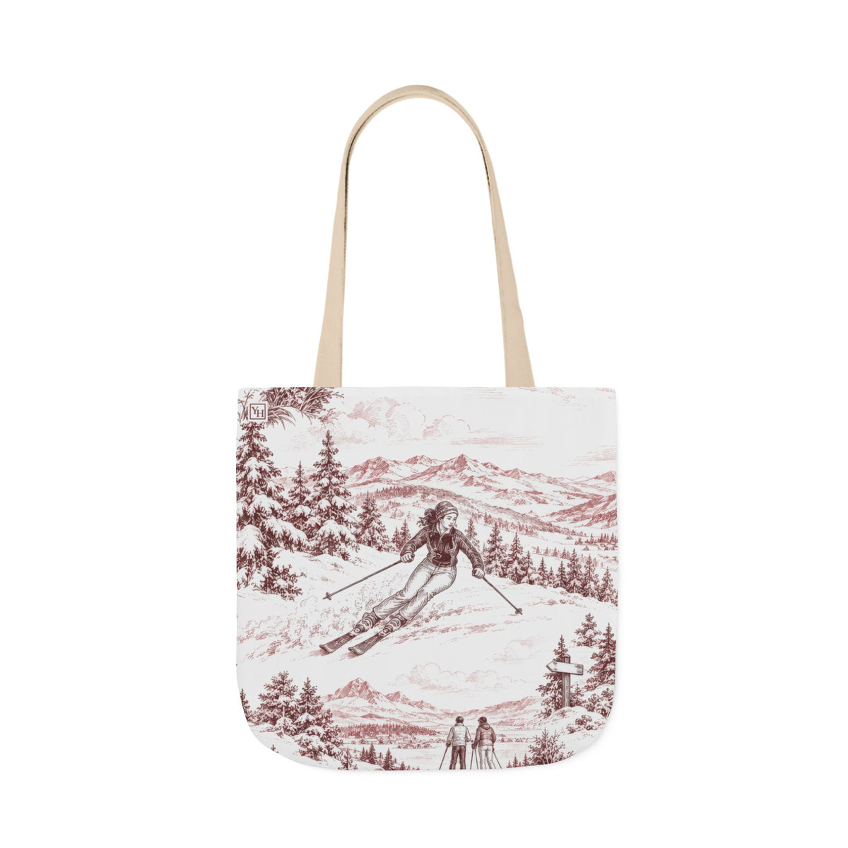 Skiing Canvas Tote Bag — Toile Pattern | Turkish Red