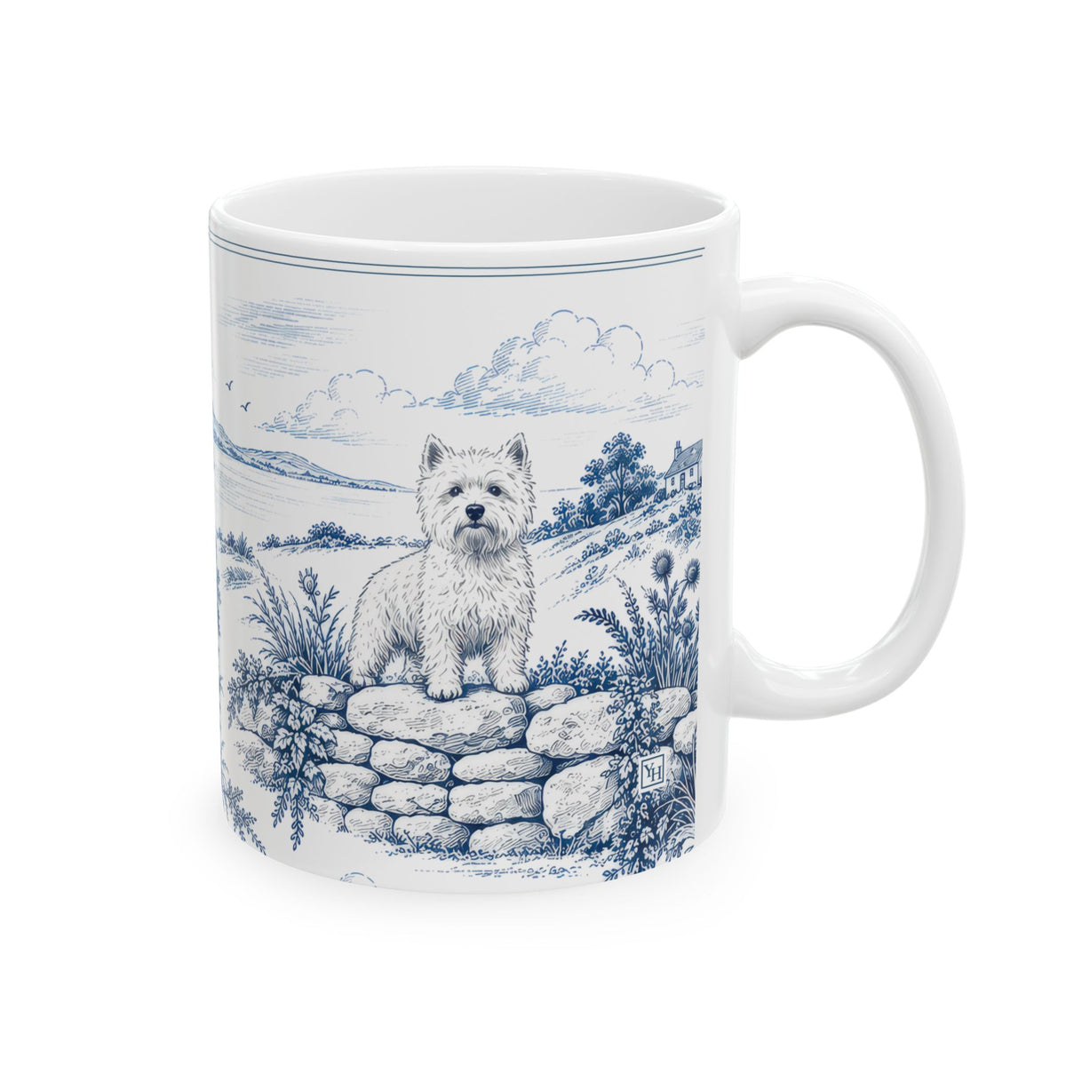 West Highland Terrier Ceramic Mug — Toile Pattern | Indigo Blue