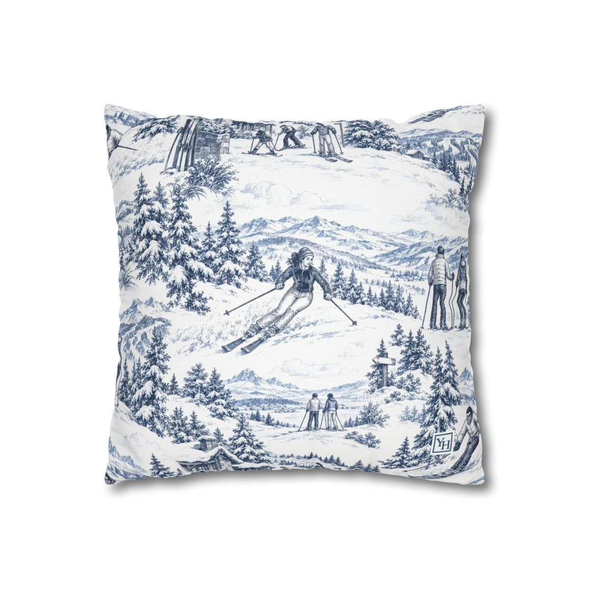 Skiing Square Pillow Cover — Toile Pattern | Indigo Blue