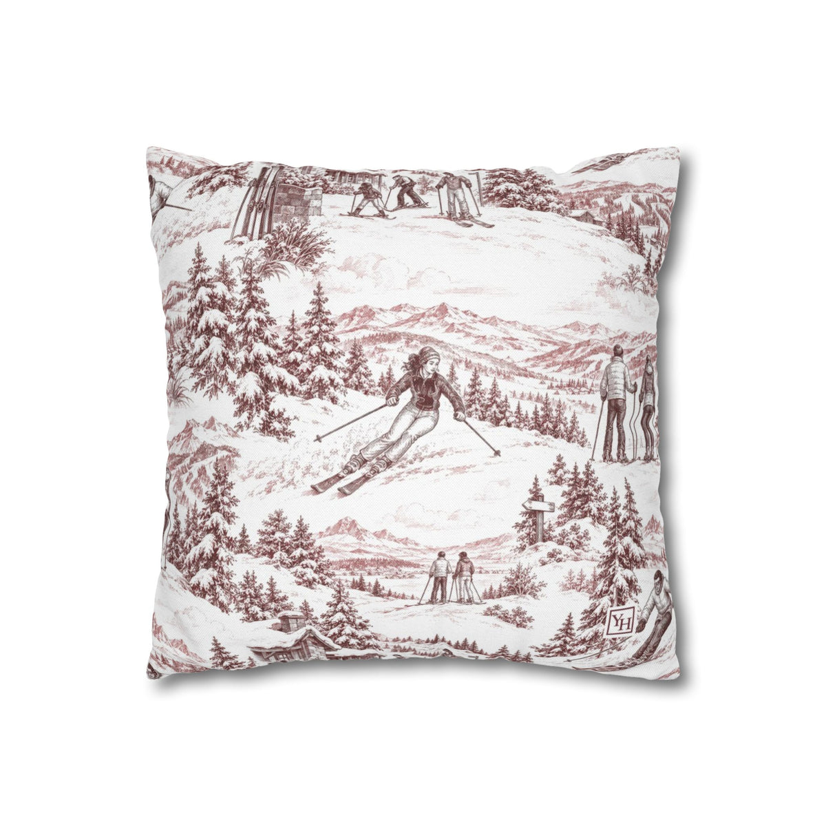 Skiing Square Pillow Cover — Toile Pattern | Turkish Red