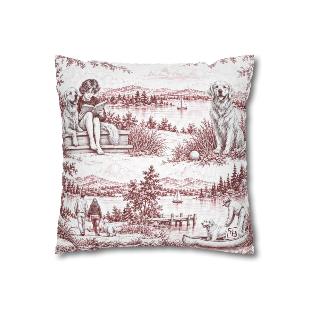 Golden Retriever Square Pillow Cover — Toile Pattern | Turkish Red
