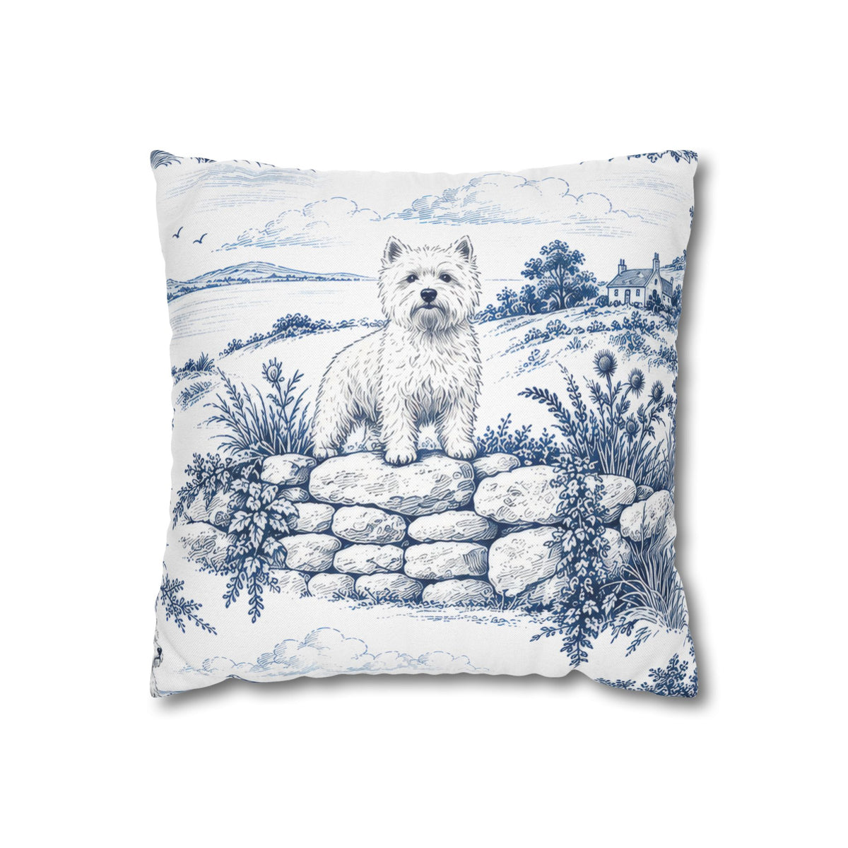 West Highland Terrier Square Pillow Cover, Large Scale — Toile Pattern | Indigo Blue