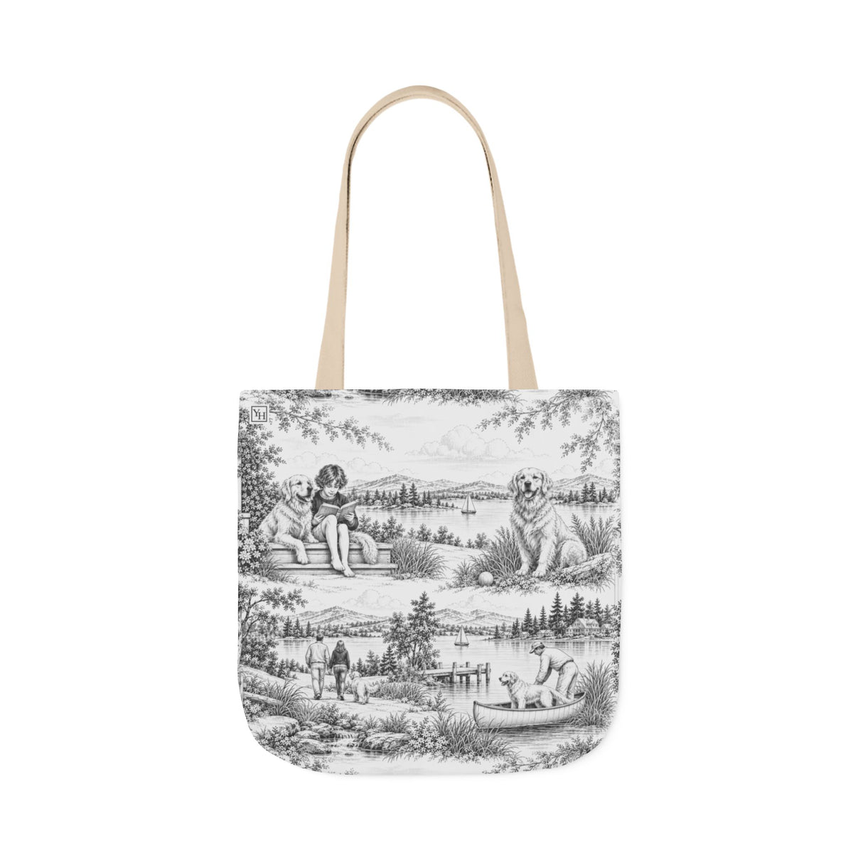 Golden Retriever Canvas Tote Bag — Toile Pattern | Soft Black