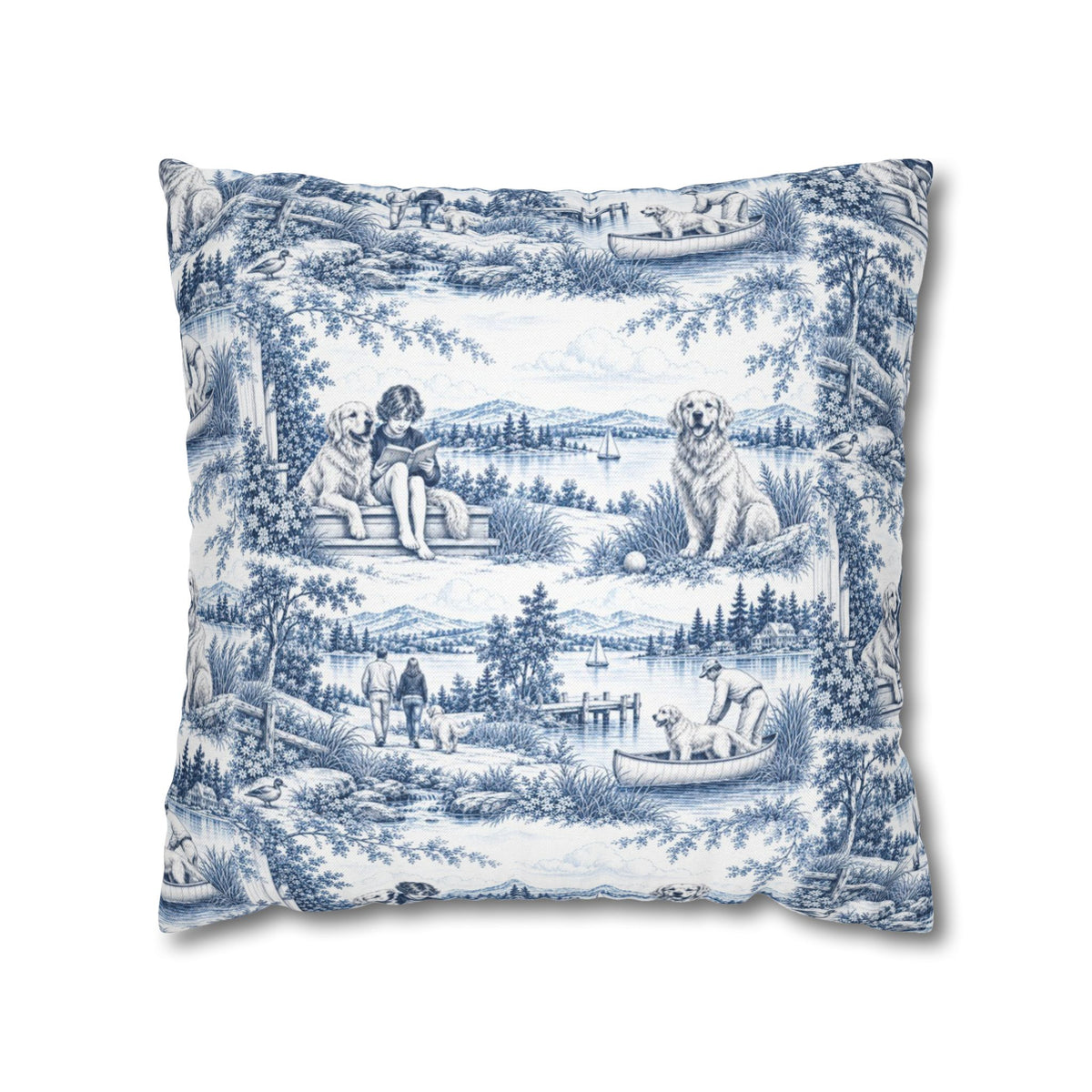 Golden Retriever Square Pillow Cover — Toile Pattern | Indigo Blue