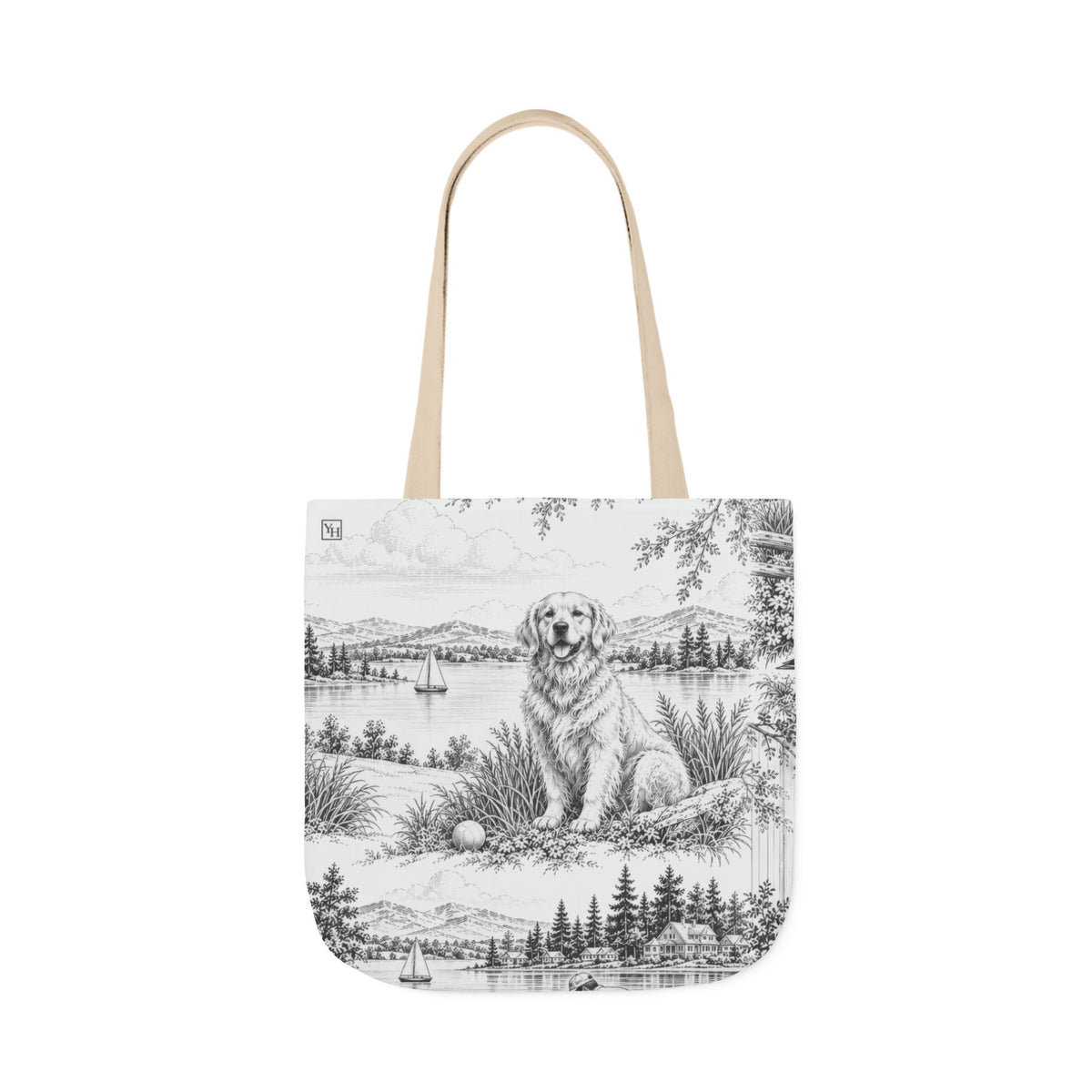 Golden Retriever Canvas Tote Bag — Toile Pattern | Soft Black