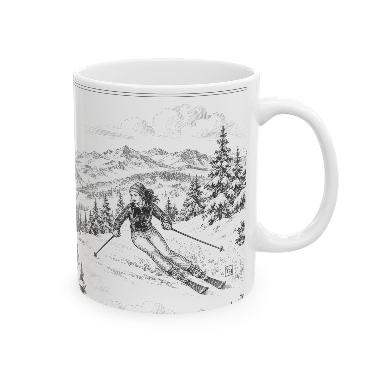 Skiing Ceramic Mug — Toile Pattern | Soft Black