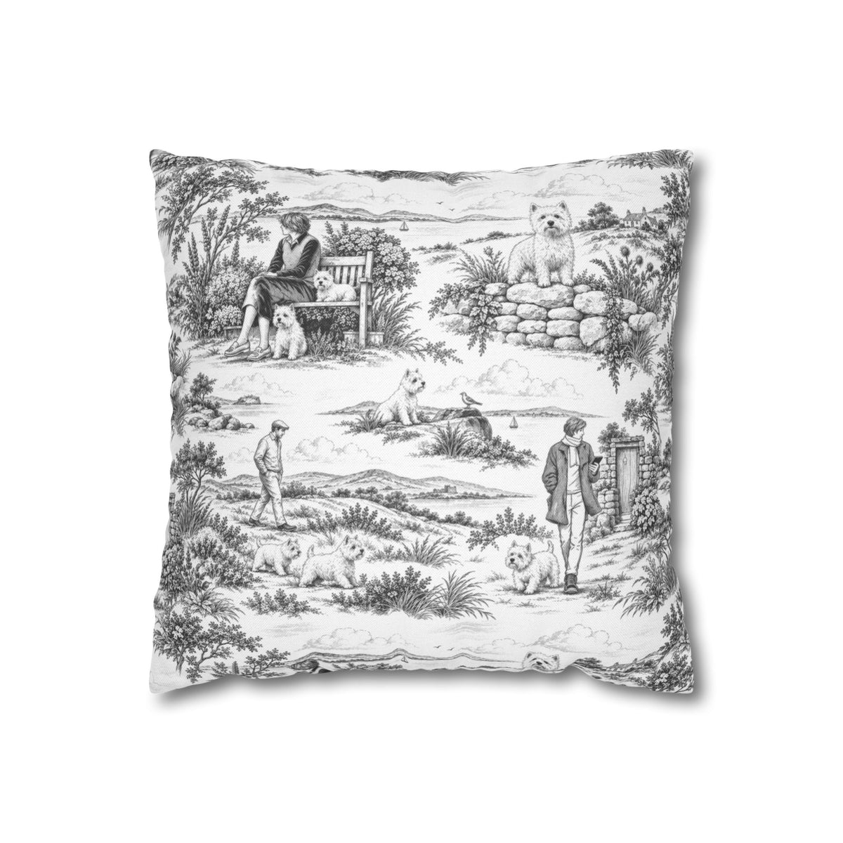 West Highland Terrier Square Pillow Cover — Toile Pattern | Soft Black