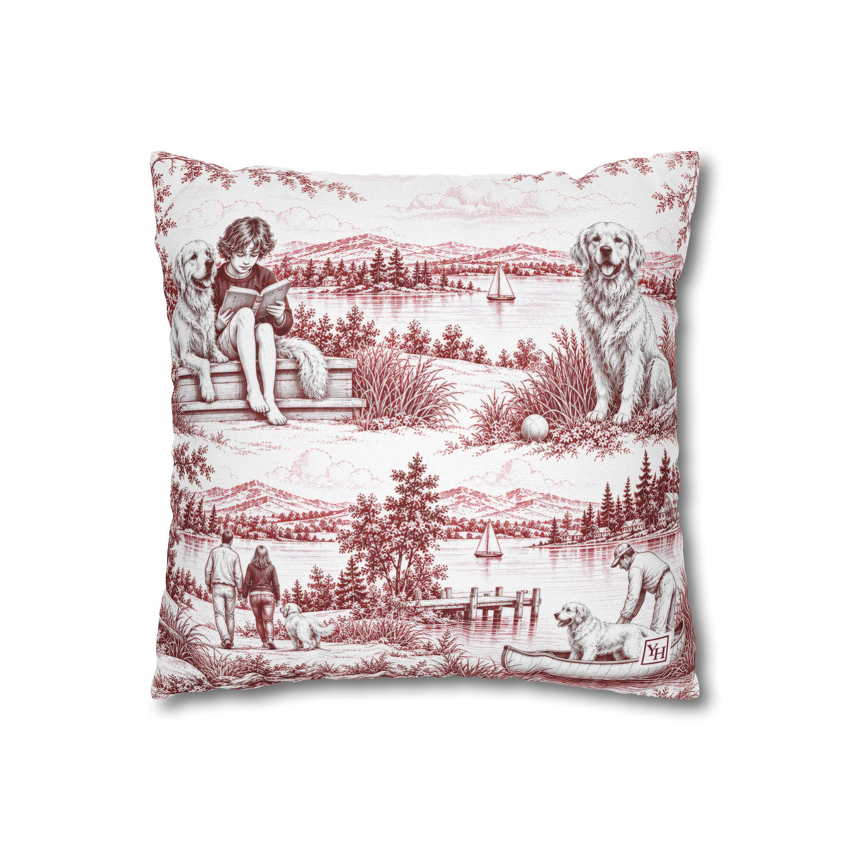Golden Retriever Square Pillow Cover, Large Scale — Toile Pattern | Turkish Red