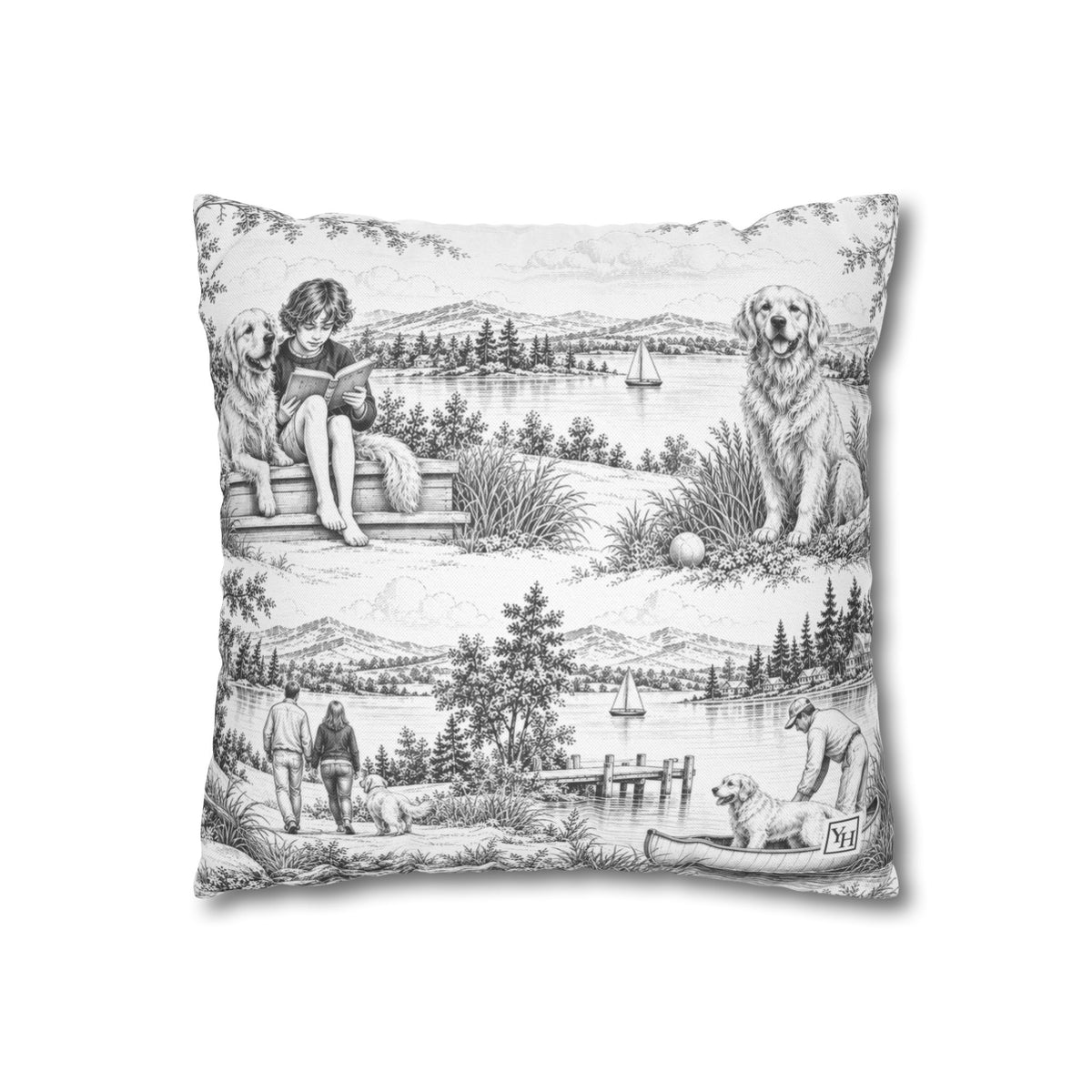 Golden Retriever Square Pillow Cover, Large Scale — Toile Pattern | Soft Black