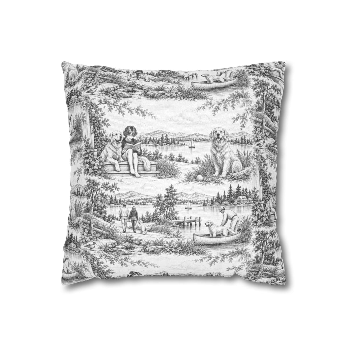 Golden Retriever Square Pillow Cover — Toile Pattern | Soft Black