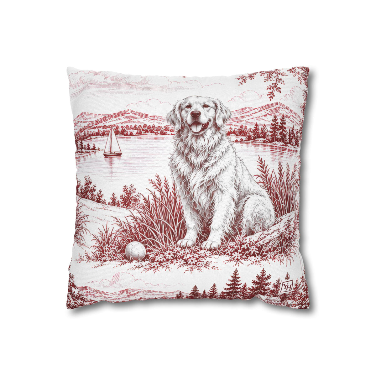 Golden Retriever Square Pillow Cover, Large Scale — Toile Pattern | Turkish Red