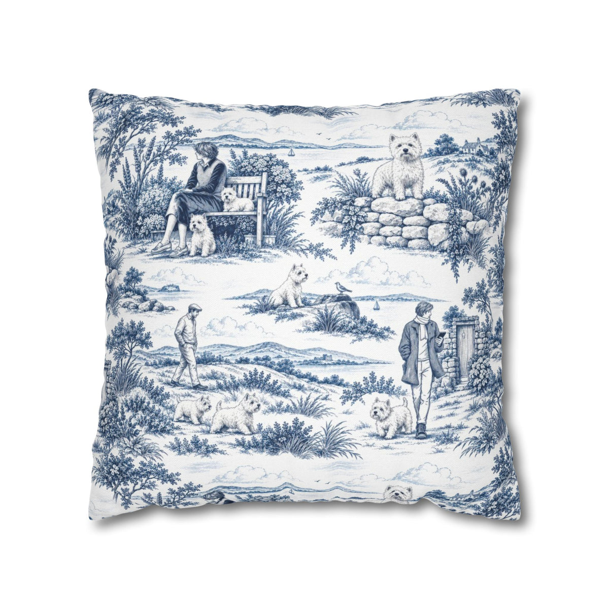 West Highland Terrier Square Pillow Cover — Toile Pattern | Indigo Blue