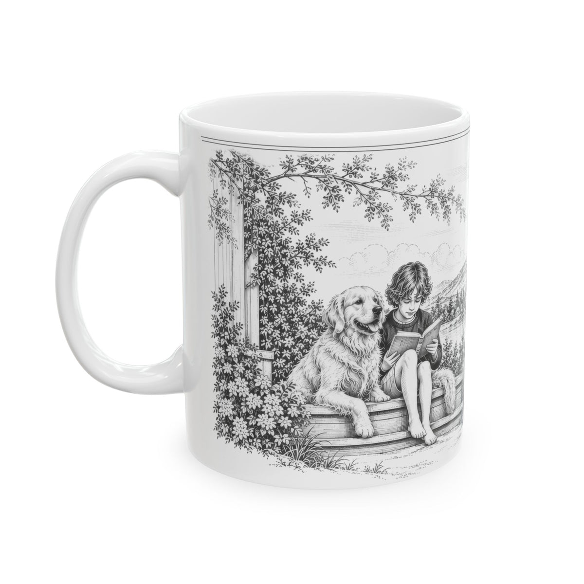 Golden Retriever Ceramic Mug — Toile Pattern | Soft Black
