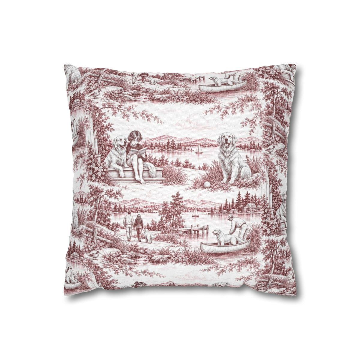 Golden Retriever Square Pillow Cover — Toile Pattern | Turkish Red