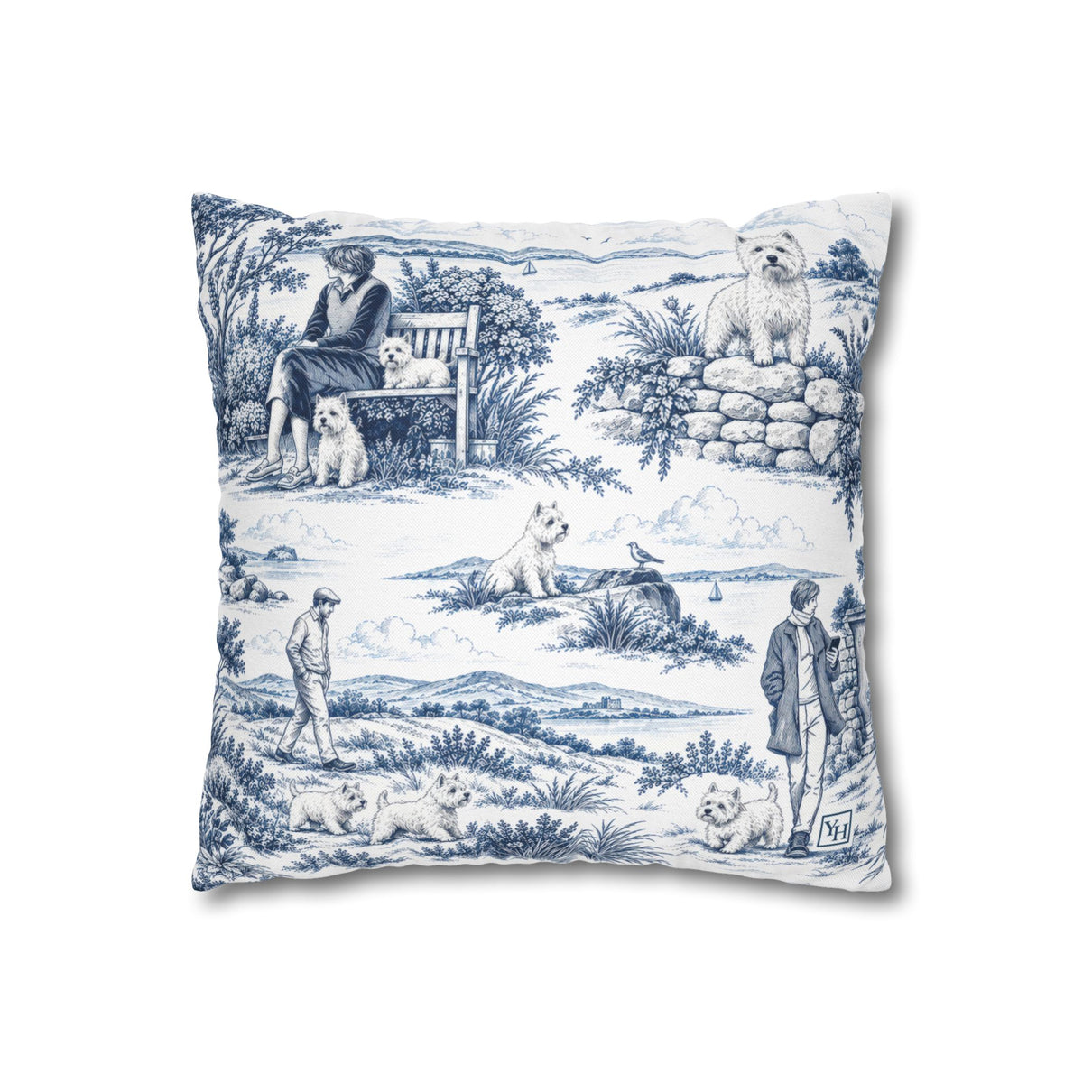 West Highland Terrier Square Pillow Cover, Large Scale — Toile Pattern | Indigo Blue