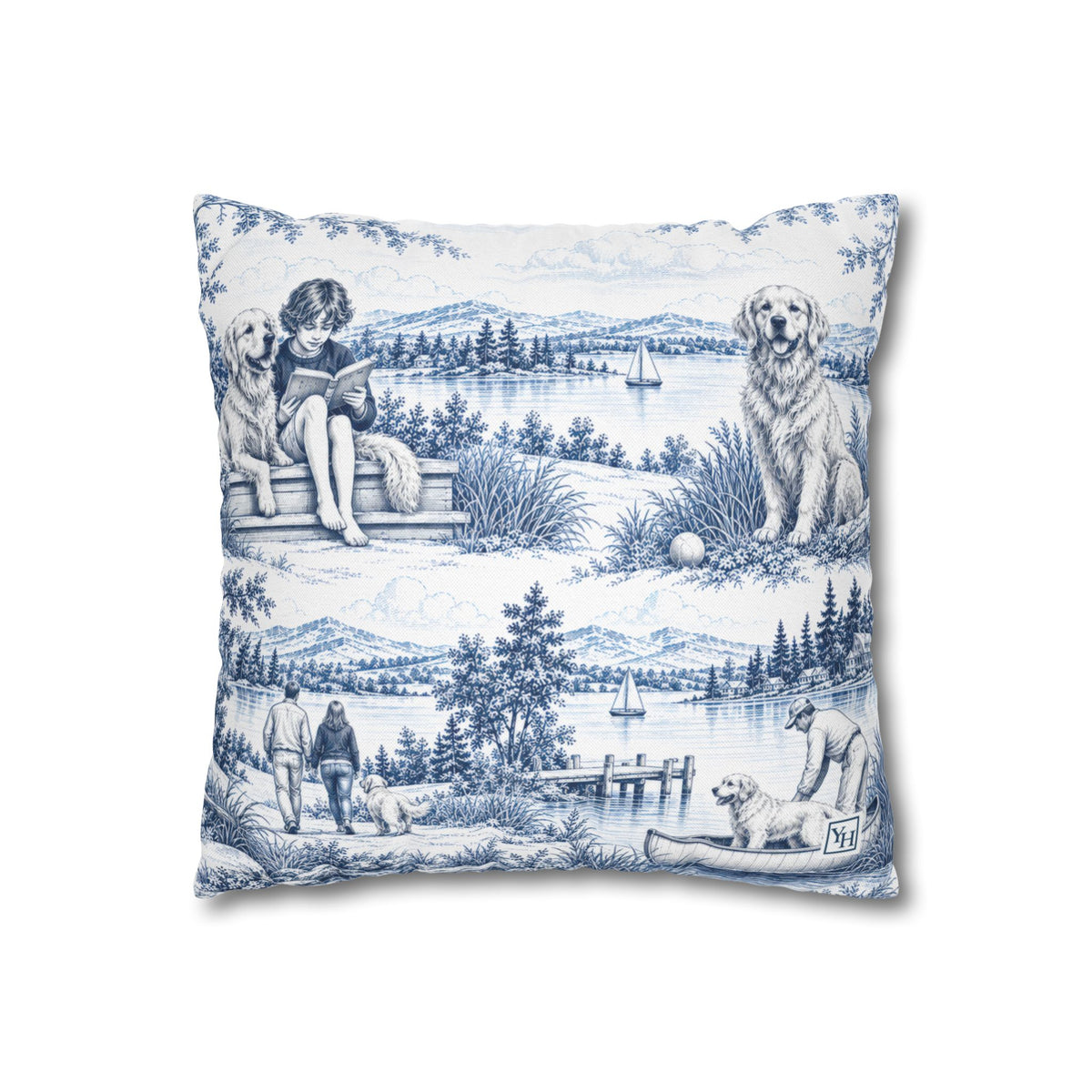 Golden Retriever Square Pillow Cover, Large Scale — Toile Pattern | Indigo Blue