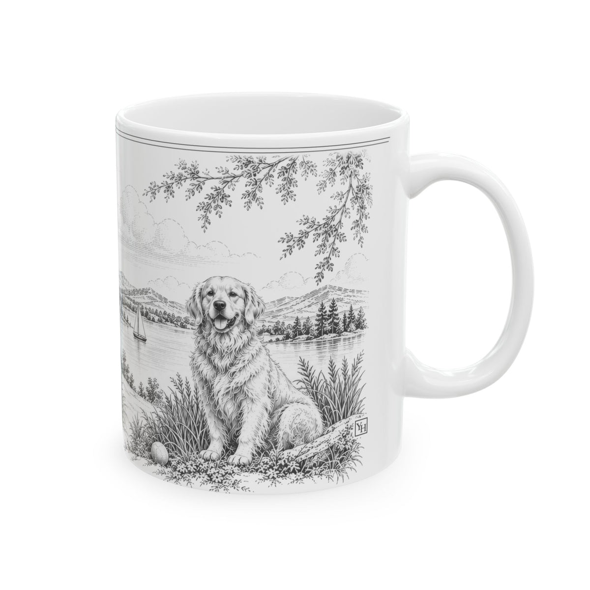 Golden Retriever Ceramic Mug — Toile Pattern | Soft Black