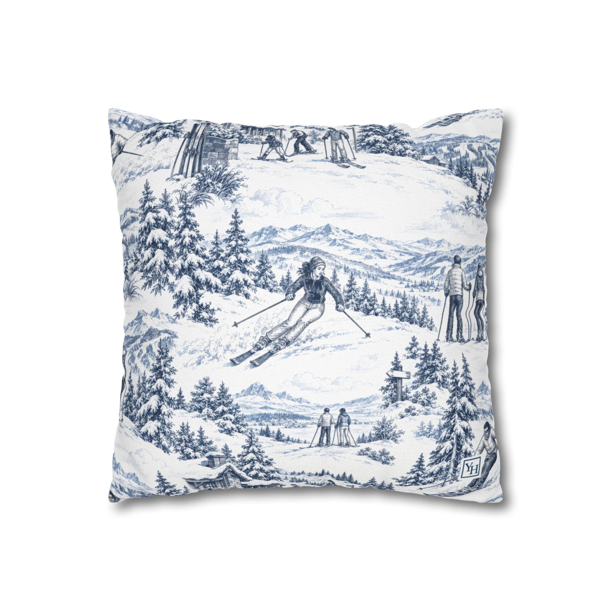 Skiing Square Pillow Cover, Large Scale — Toile Pattern | Indigo Blue