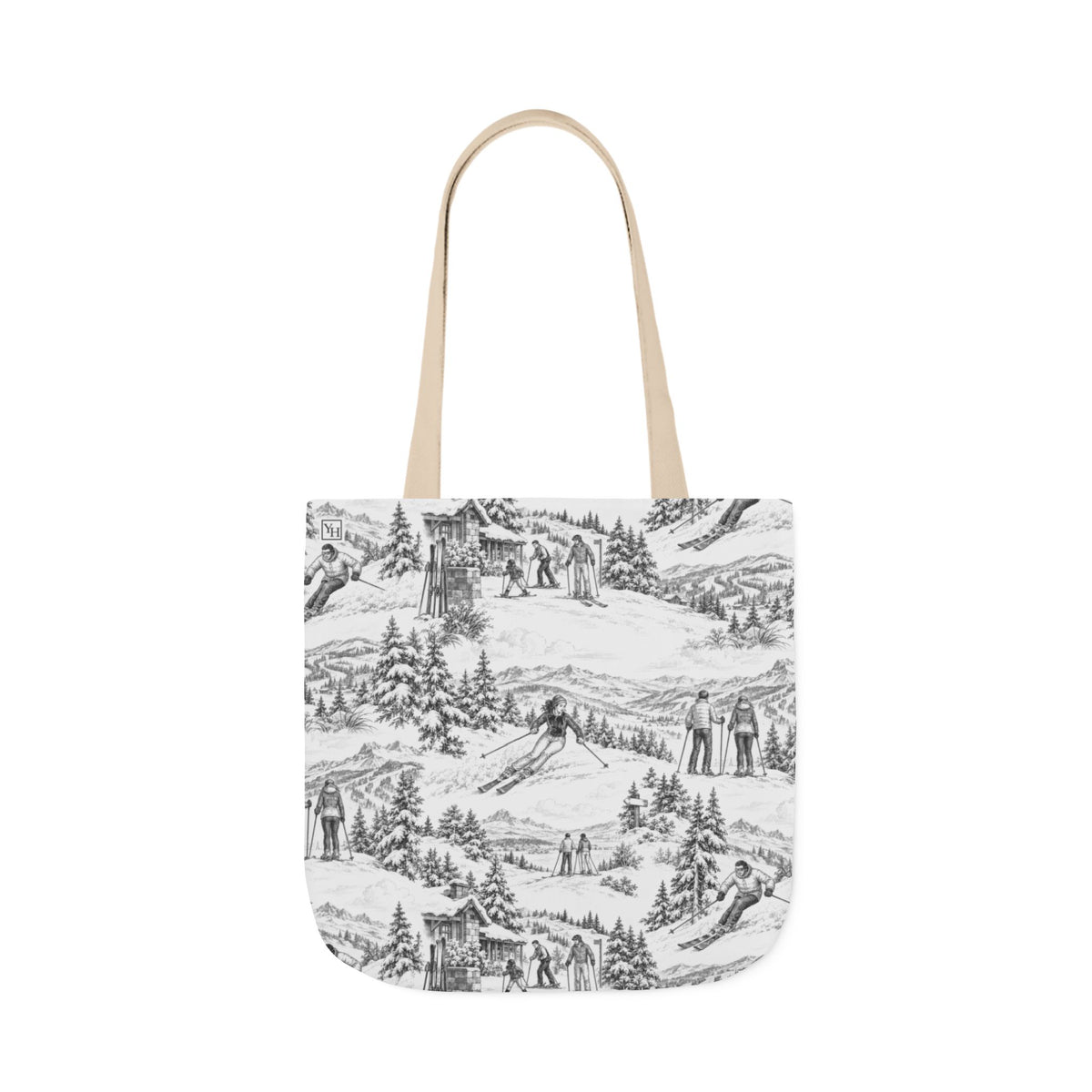 Skiing Canvas Tote Bag — Toile Pattern | Soft Black