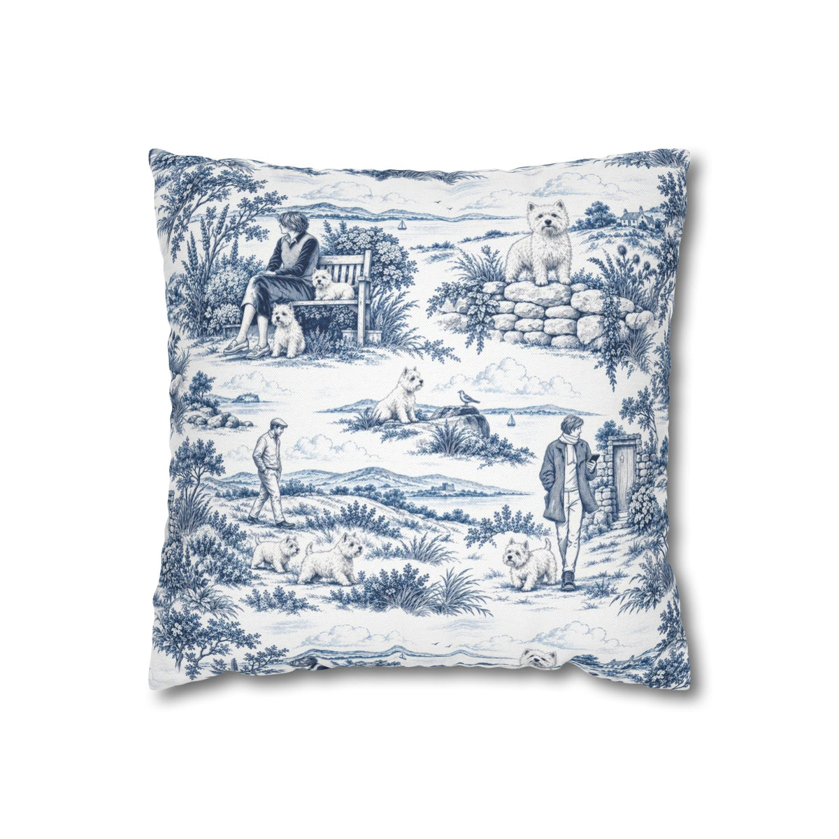 West Highland Terrier Square Pillow Cover — Toile Pattern | Indigo Blue