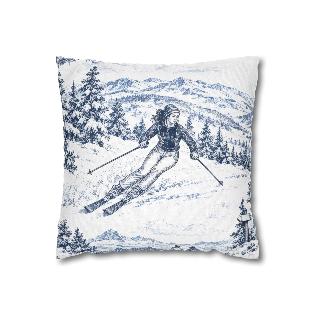 Skiing Square Pillow Cover, Large Scale — Toile Pattern | Indigo Blue