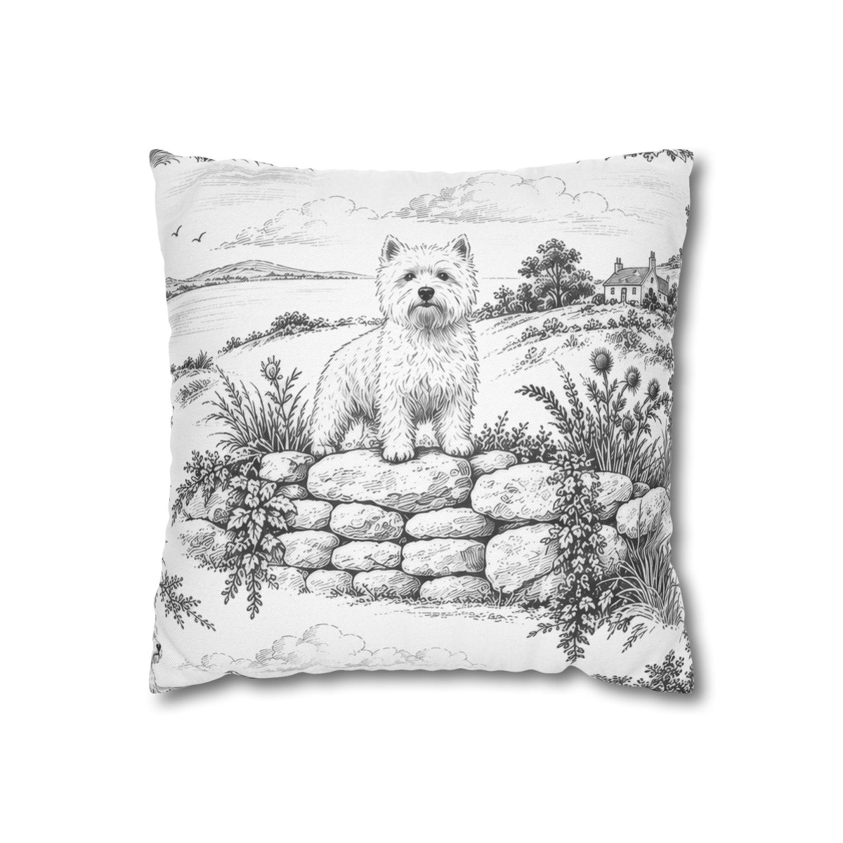 West Highland Terrier Square Pillow Cover, Large Scale — Toile Pattern | Soft Black