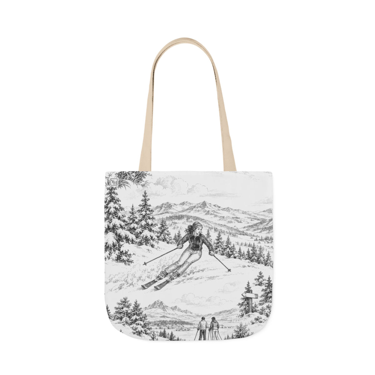 Skiing Canvas Tote Bag — Toile Pattern | Soft Black